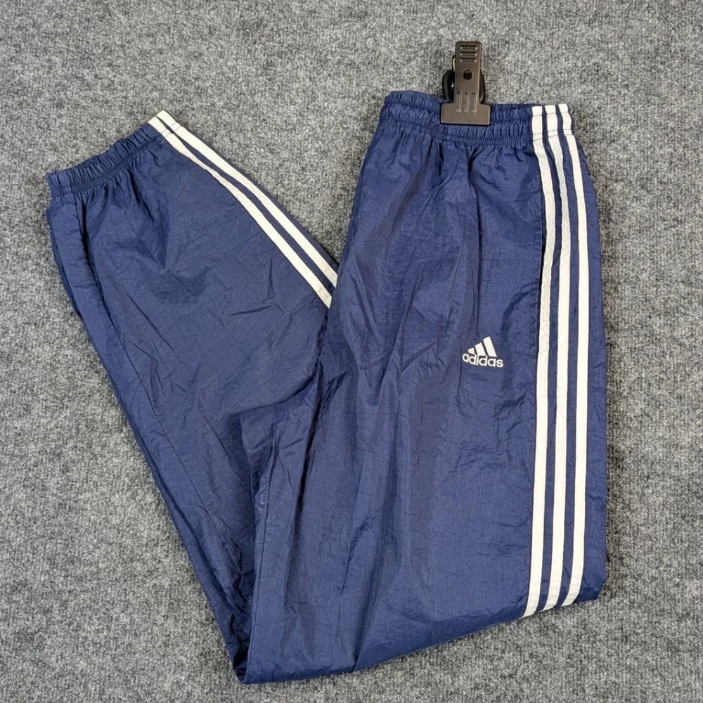 Adidas Vintage Track Pants Navy Blue White Stripe Nylon Windbreaker Mens XL